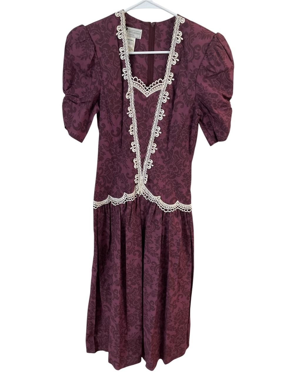 Vintage 80s Jessica McClintock Gunne Sax Cotton Prairie Dress 7/8 Burgundy Lace - Picture 4 of 15